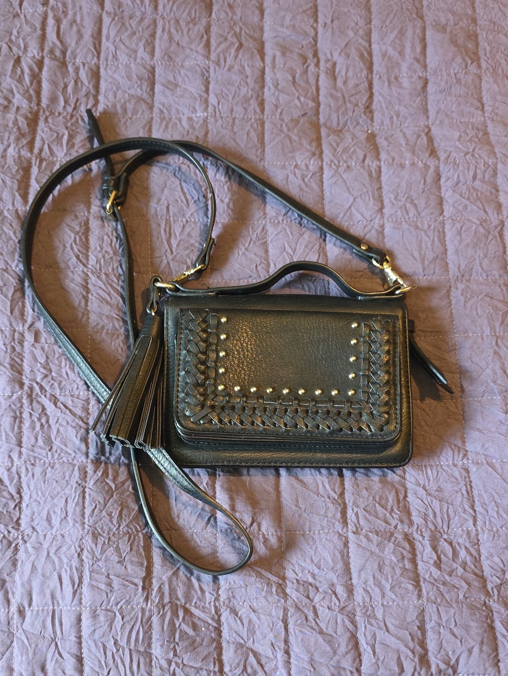 Black Leather Crossbody Bag with Tassel Accent
